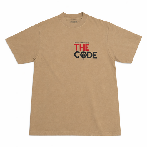 Sandstone-colored t-shirt with 'The Code' text on a white background