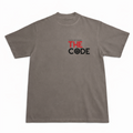 Gray t-shirt with 'The Code' text in red and black on a white background