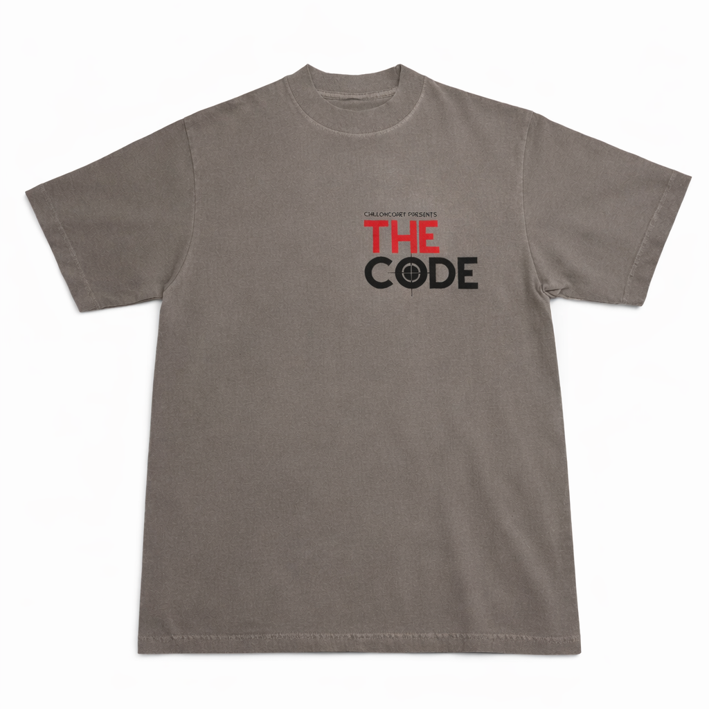 Gray t-shirt with 'The Code' text in red and black on a white background