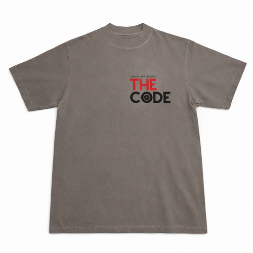 Gray t-shirt with 'The Code' text in red and black on a white background